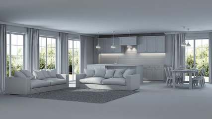 Modern house interior. Repairs. Gray interior.  3D rendering.
