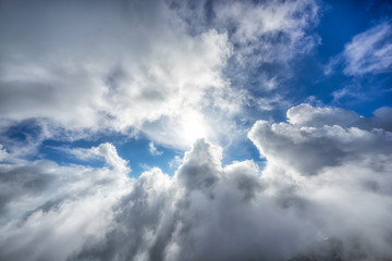 Colorful nature landscape and ray of sunlight through clouds and blue sky. nature background.