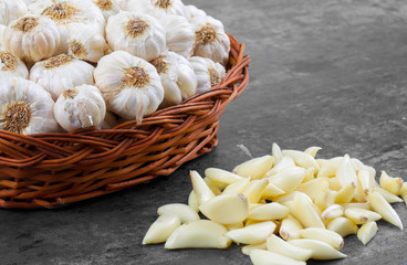 Pile of Fresh Organic Garlic on Vintage Wooden Background