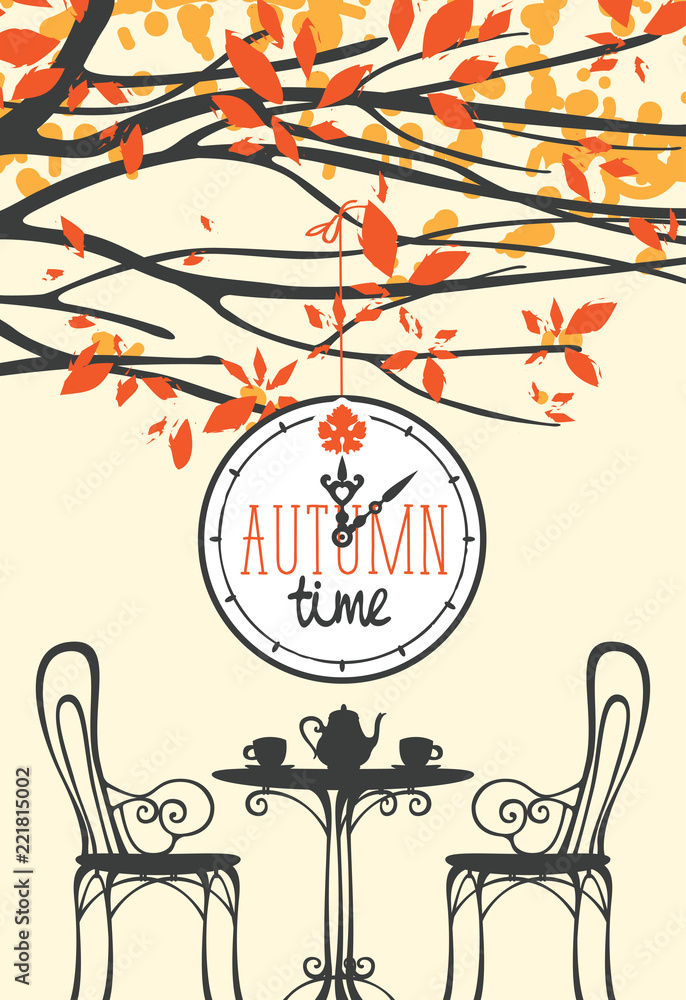 Poster vector banner with words autumn time on clock in retro style. landscape with table for two, chairs, 