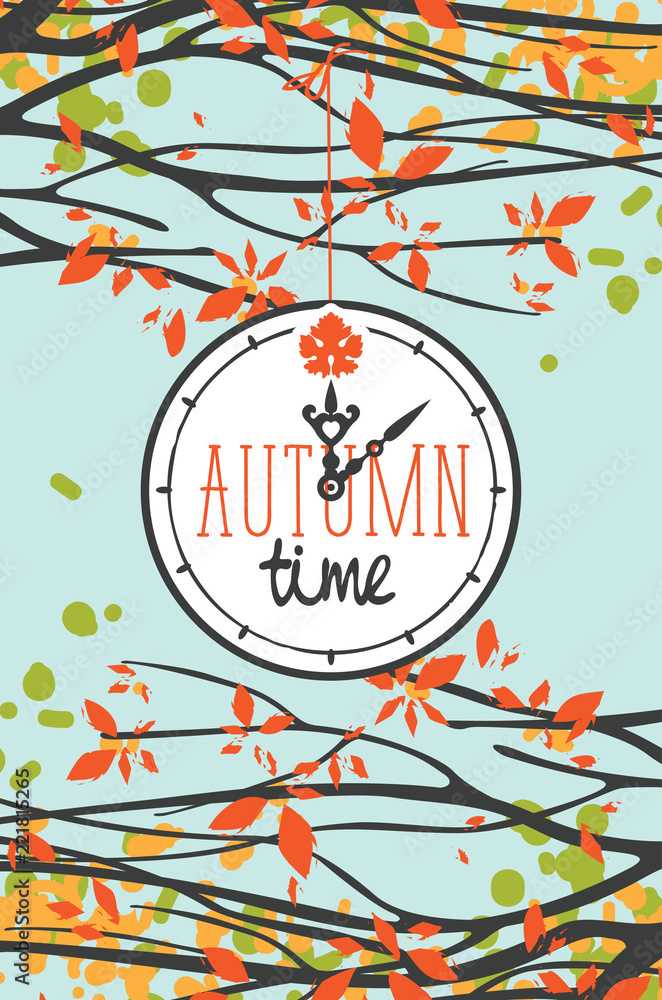 Poster vector banner with words autumn time on clock in retro style. colorful landscape with clock and autu