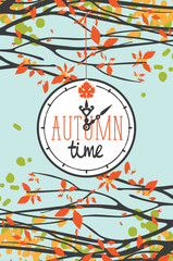 Vector banner with words Autumn time on clock in retro style. Colorful landscape with clock and autumn tree branches in the park or forest on a background of blue sky