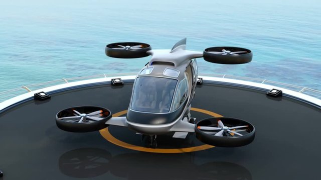 Passenger Drone Taxi parking on helipad.  3D rendering animation.