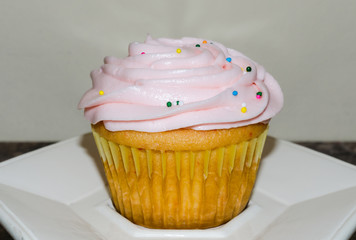 Light pink swirls of smooth frosting on top of cupcake. Colorful sprinkles on top of fluffy butter cream icing. Delicious home baked cupcake for party or celebration.