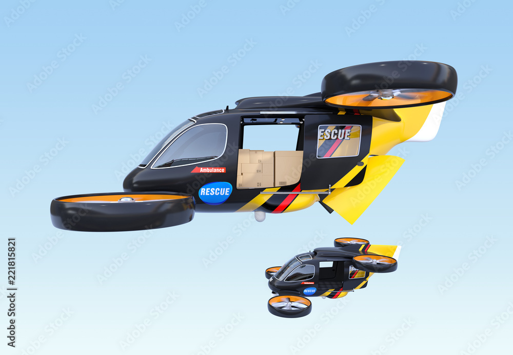 Poster two self driving rescue drones hovering in the sky with sliding door opened. relief supplies in the 