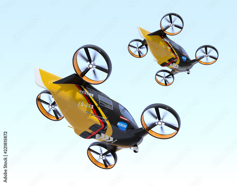 Poster self-driving rescue drones flying in the sky. 3d rendering image.