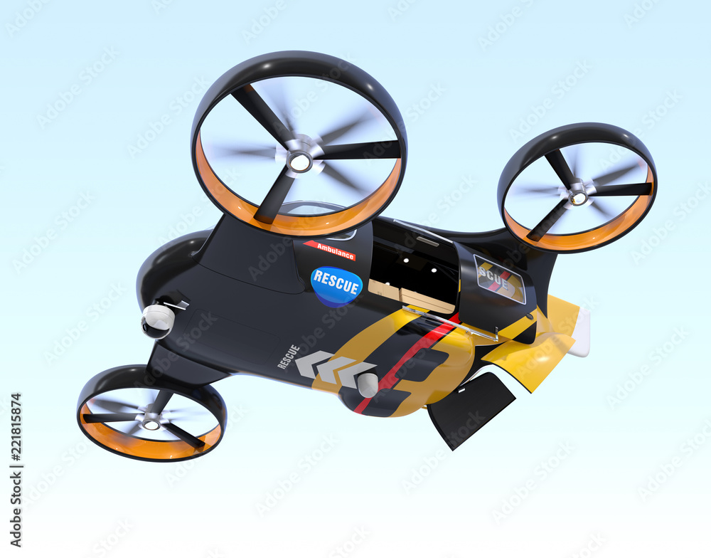 Aufkleber self-driving rescue drone hovering in the sky with sliding door and rear hatch opened. relief suppli