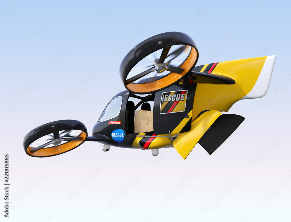 Poster self-driving rescue drone hovering in the sky with sliding door and rear hatch opened. relief suppli
