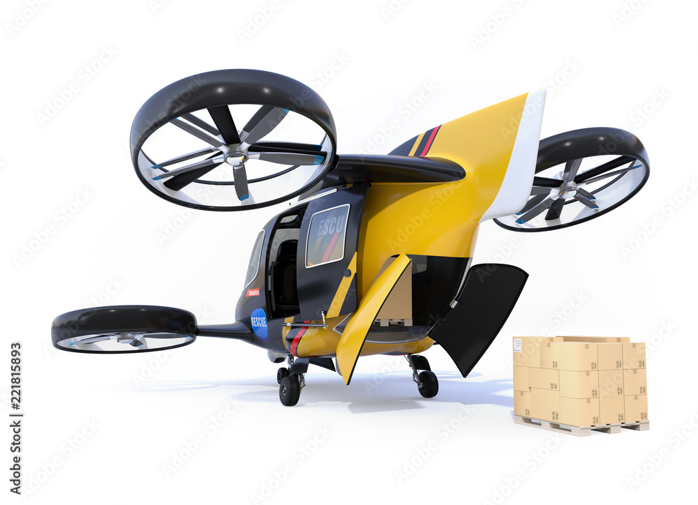 Poster rear view of self-driving rescue drone parking on the ground with sliding door and rear hatch opened
