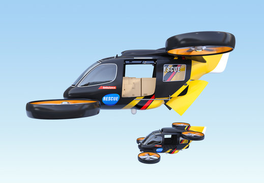 Two self driving Rescue Drones hovering in the sky with sliding door opened. Relief supplies in the drone waiting for drops. 3D rendering image.