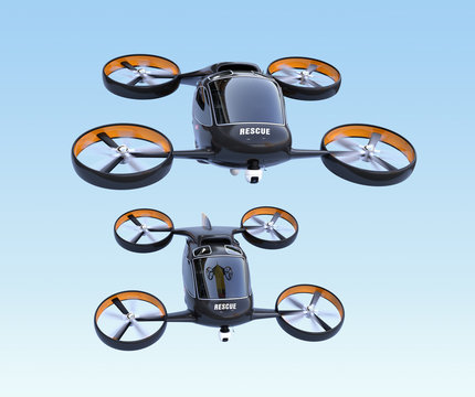 Front view of self-driving Rescue Drones flying in the sky. 3D rendering image.