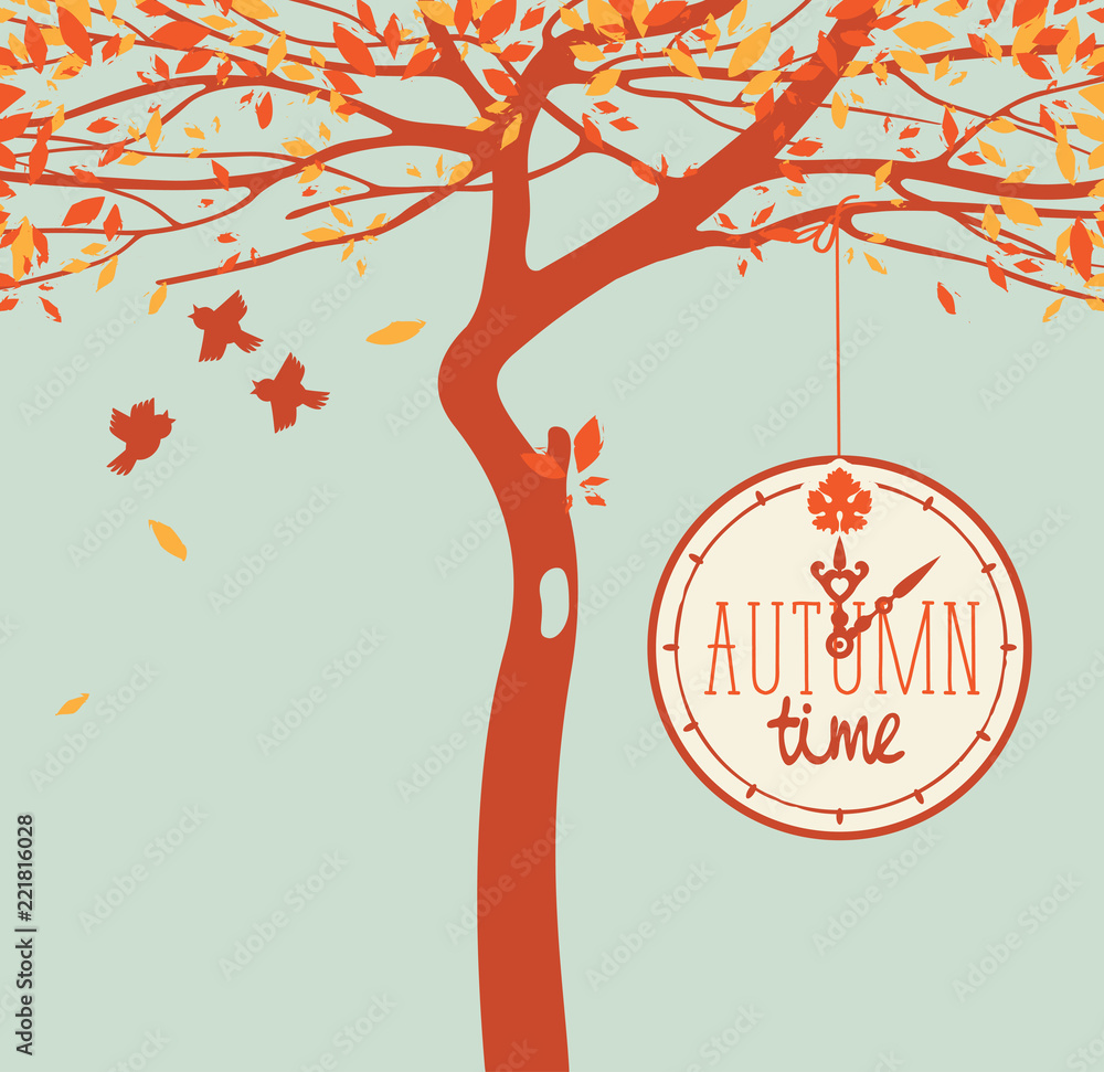 Poster vector banner with the words autumn time on the clock in retro style. fall landscape with clock hang