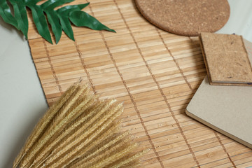 Background wooden pallets mats on table desk.