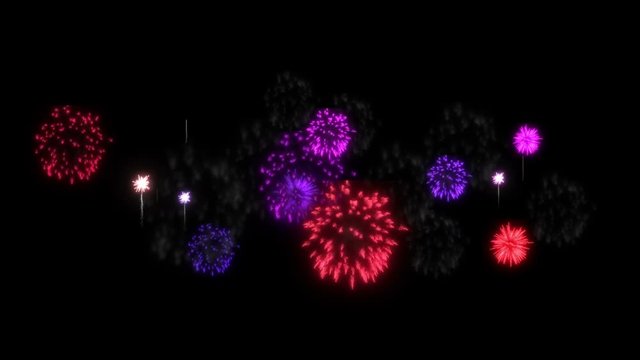 4K firework. Render. Animation background of purple magenta red fireworks. V10