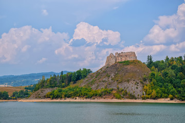 Scenic view of Czorsztyn Castle and artificial Czorsztynskie Lake in Southern Poland