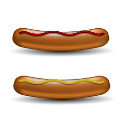 Realistic Boiled Sausages With Ketchup and Mustard Isolated on White Background. Street Fast Food