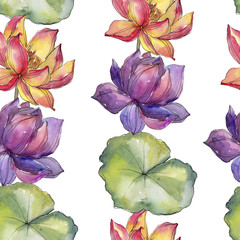 Watercolor colorful lotus flower. Floral botanical flower. Seamless background pattern. Fabric wallpaper print texture. Aquarelle wildflower for background, texture, wrapper pattern, frame or border.