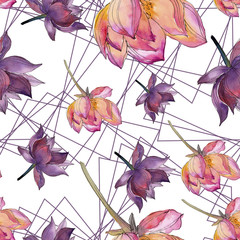 Watercolor colorful lotus flower. Floral botanical flower. Seamless background pattern. Fabric wallpaper print texture. Aquarelle wildflower for background, texture, wrapper pattern, frame or border.