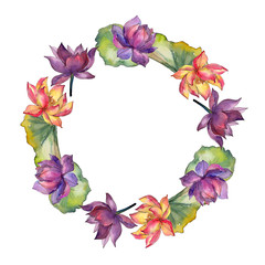 Watercolor colorful lotus flower. Floral botanical flower. Frame border ornament square. Aquarelle wildflower for background, texture, wrapper pattern, frame or border.