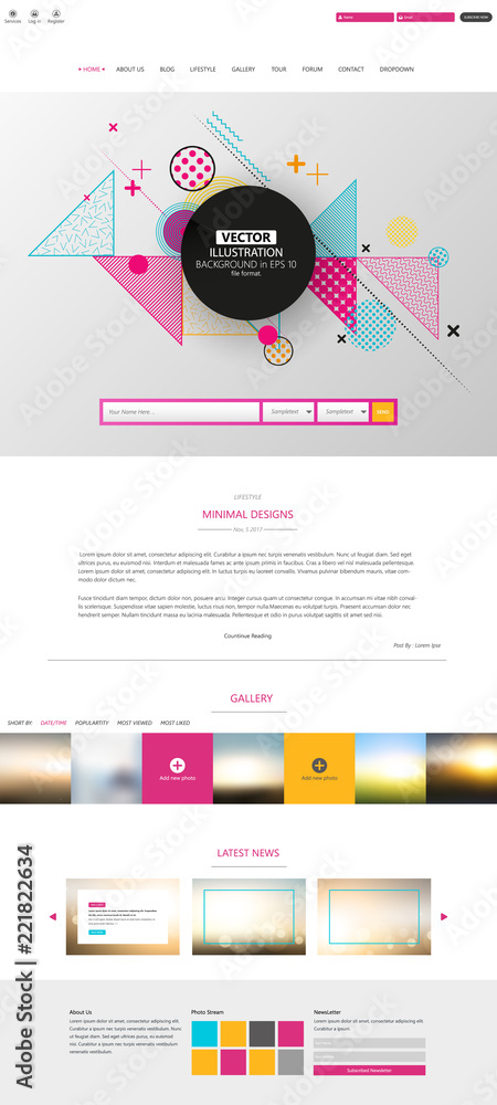 Poster one page website for your business with abstract colorful geometric header design.