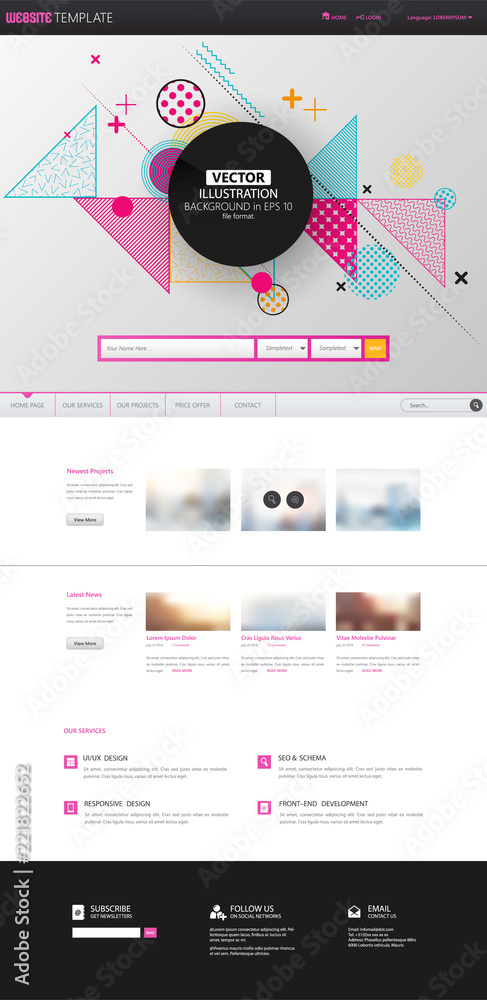 Poster one page website for your business with abstract colorful geometric header design.