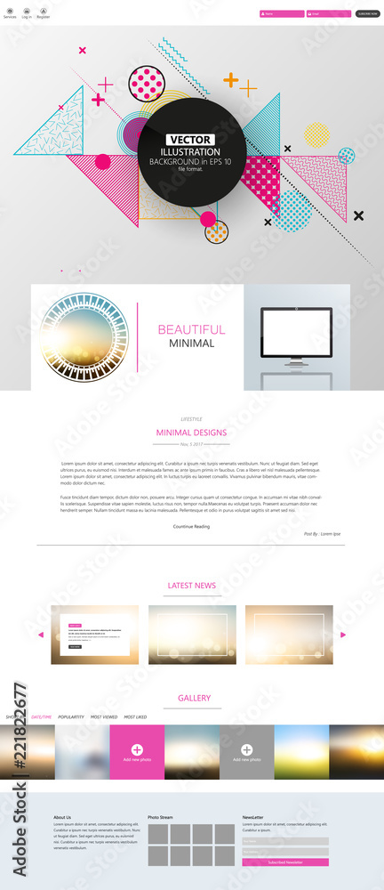 Poster one page website for your business with abstract colorful geometric header design.