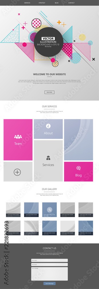 Poster one page website for your business with abstract colorful geometric header design.