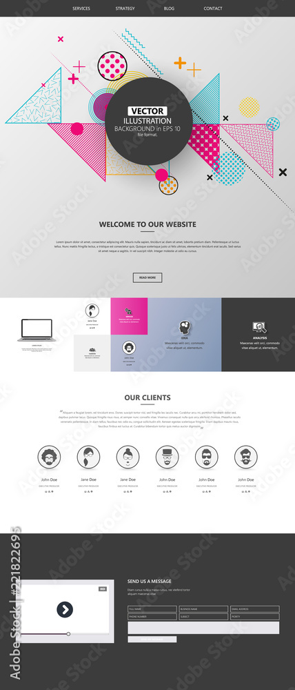 Poster one page website for your business with abstract colorful geometric header design.