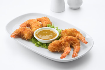 close  up view of nice yummy tempura shrimps on white back
