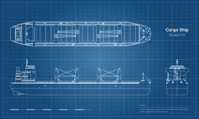 Fototapeta premium Blueprint of cargo ship on white background. Top, side and front view of tanker. Container boat industrial drawing