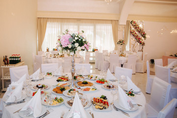 Wedding tables in restaurant. deciration and food