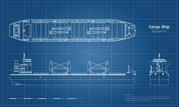 Blueprint of cargo ship on white background. Top, side and front view of tanker. Container boat industrial drawing