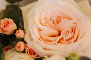 Macro photo of Floral decoration on the wedding in restaurant