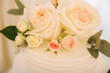 Macro photo of Floral decoration on the wedding in restaurant