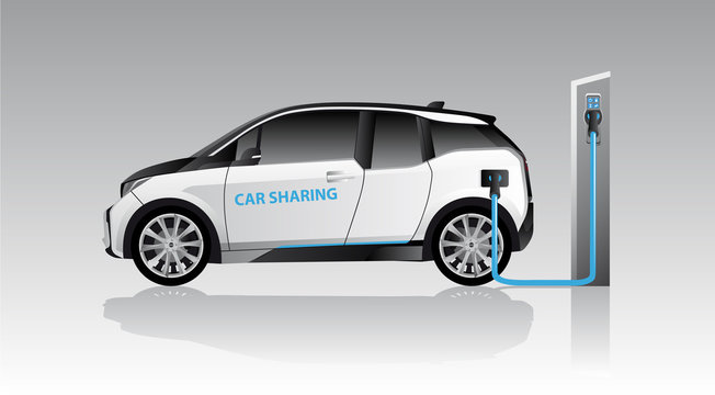 White carsharing electric car with charging station. Vector illustration EPS 10