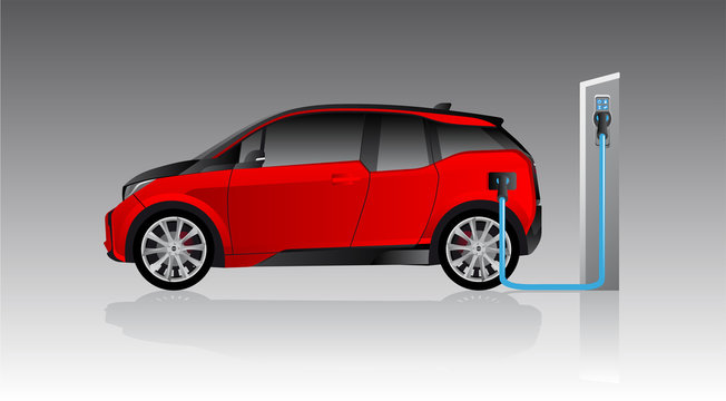 Red electric car with charging station. Vector illustration EPS 10