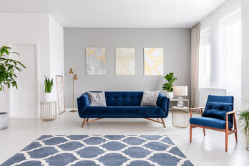 Open space living room interior with a navy blue sofa and an armchair. Rug on the floor and graphic decorations on the wall. Real photo.