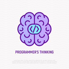 Programmer's thinking: brain with code. Thin line icon. Modern vector illustration.