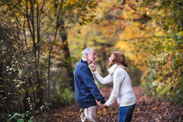 Naklejka na ściany i meble Senior couple in an autumn nature, holding hands and having fun.