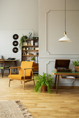 Orange armchair next to plant and table with record player in vintage loft interior. Real photo