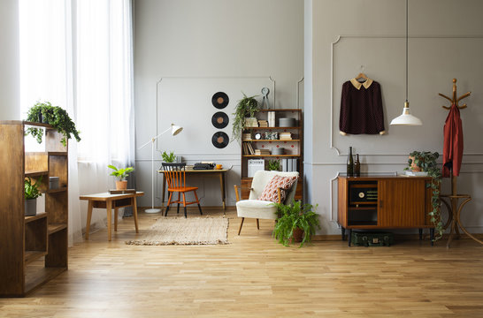 Plant on wooden cabinet and armchair in spacious retro flat interior with chair at desk. Real photo