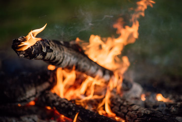 Flame burns in the fire. Fire in the grill with smoke. Arson or natural disaster. The fire is close. Fire in nature. Background bonfire