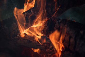 Fototapeta premium Flame burns in the fire. Fire in the grill with smoke. Arson or natural disaster. The fire is close. Fire in nature. Background bonfire