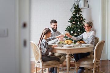 Fototapeta na wymiar Family of three having lunch for Christmas holidays 