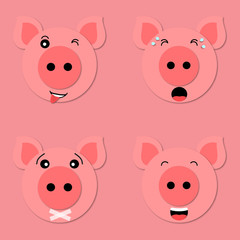 Set of vector emoji. Pig muzzle close up. Funny and cute pig face in cartoon style. 3d paper art. Vector. Pig icon.