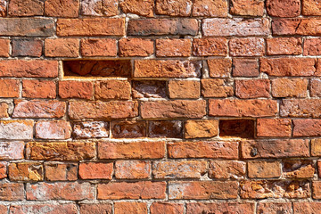 Grunge weathered red brick wall as background texture