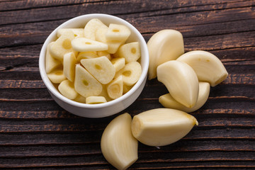 fragrant garlic on a wooden rustic background