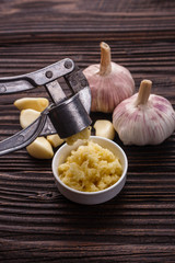 fragrant garlic on a wooden rustic background