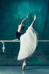 The classic ballet dancer in white tutu posing at ballet barre on studio background. Young teen...