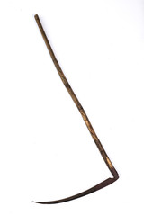rusted metal scythe isolated on a white background
